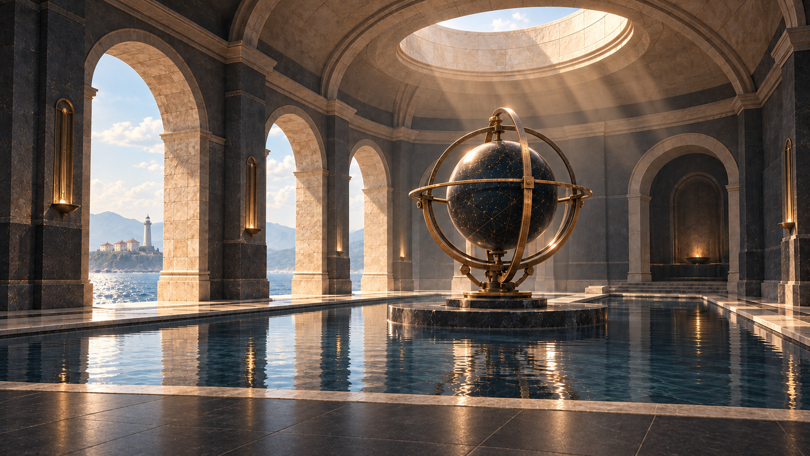 Roman celestial chamber with a bronze armillary above a reflecting pool